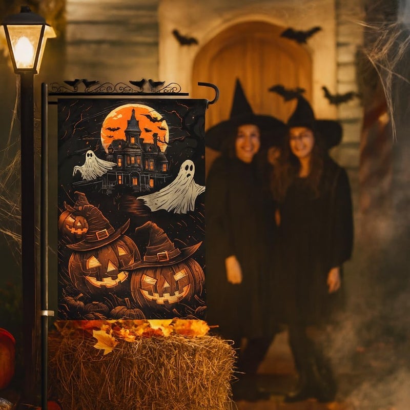 KarvePro Halloween Garden Flag 12x18 Double Sided – Haunted House with Ghosts & Pumpkin, Halloween Yard Flag for Outside, Durable Fall Outdoor Flag, Weatherproof - Image 2